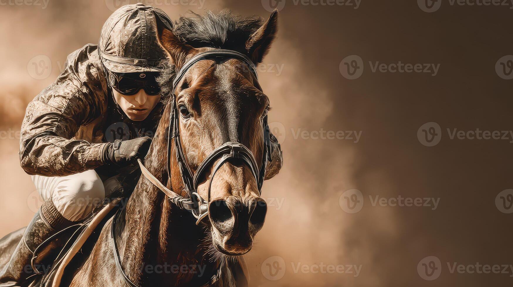 Late afternoon horse racing action with a focused jockey in dramatic dust clouds photo