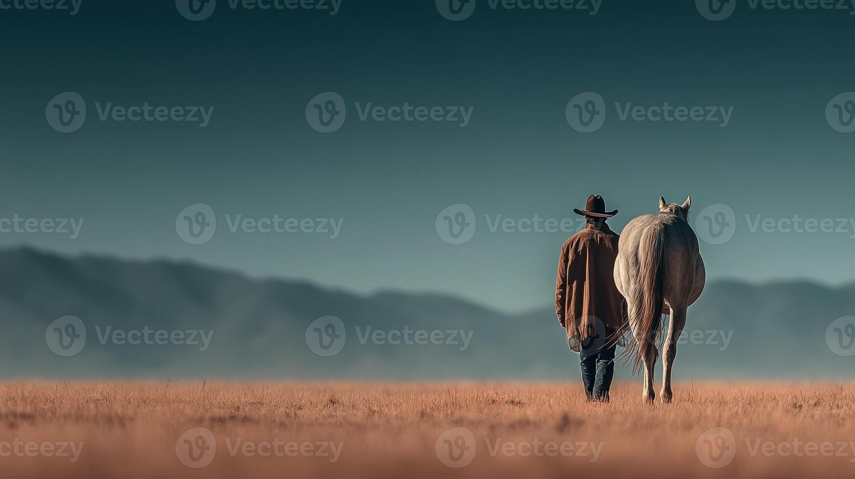 Cowboy walks alongside horse through golden grassland at dusk with mountains in the background photo
