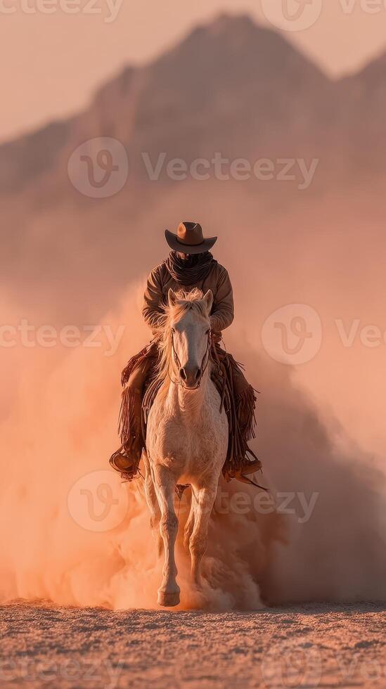 Rider on a white horse gallops through dust at sunset near rugged mountains photo