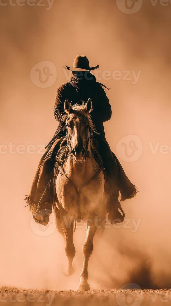 Cowboy rides through dust storm at sunset in a vast desert landscape with stunning golden hues photo