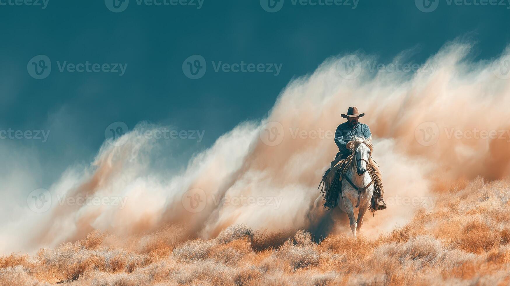 Rider on horseback navigating through swirling dust in a desert landscape under a clear blue sky photo