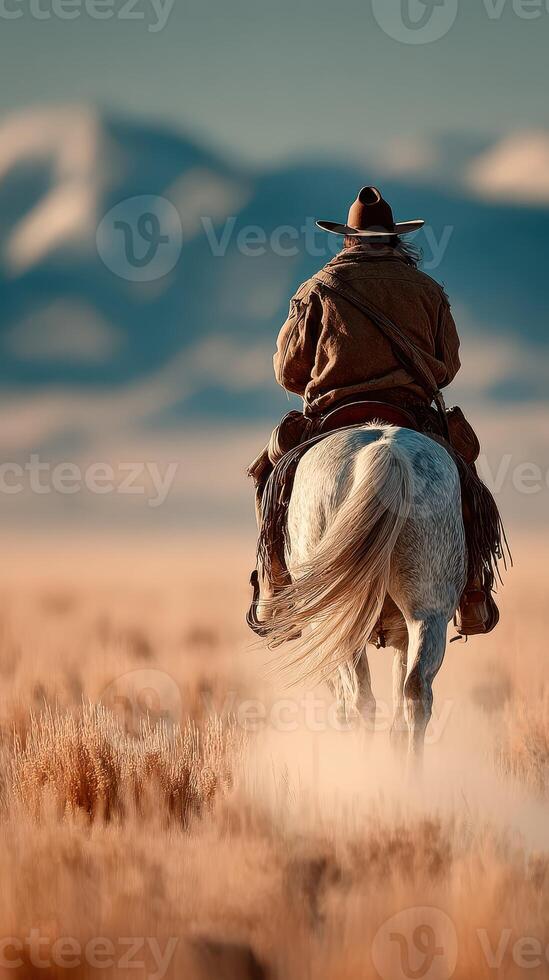 Cowboy riding a white horse through golden field with mountains in the background at sunset photo
