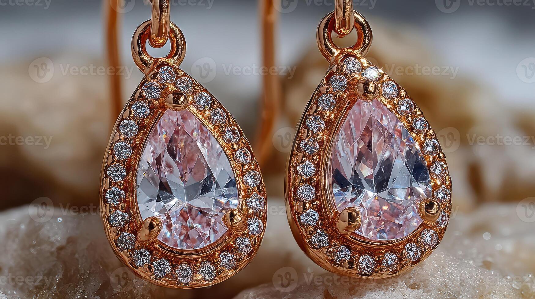 Elegant rose gold drop earrings with sparkling diamonds displayed on a textured surface photo