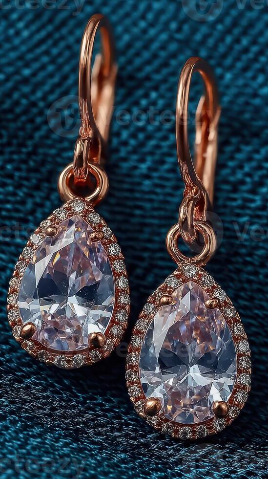 Elegant droplet earrings showcasing sparkling crystals set in rose gold, placed on a textured teal fabric background photo