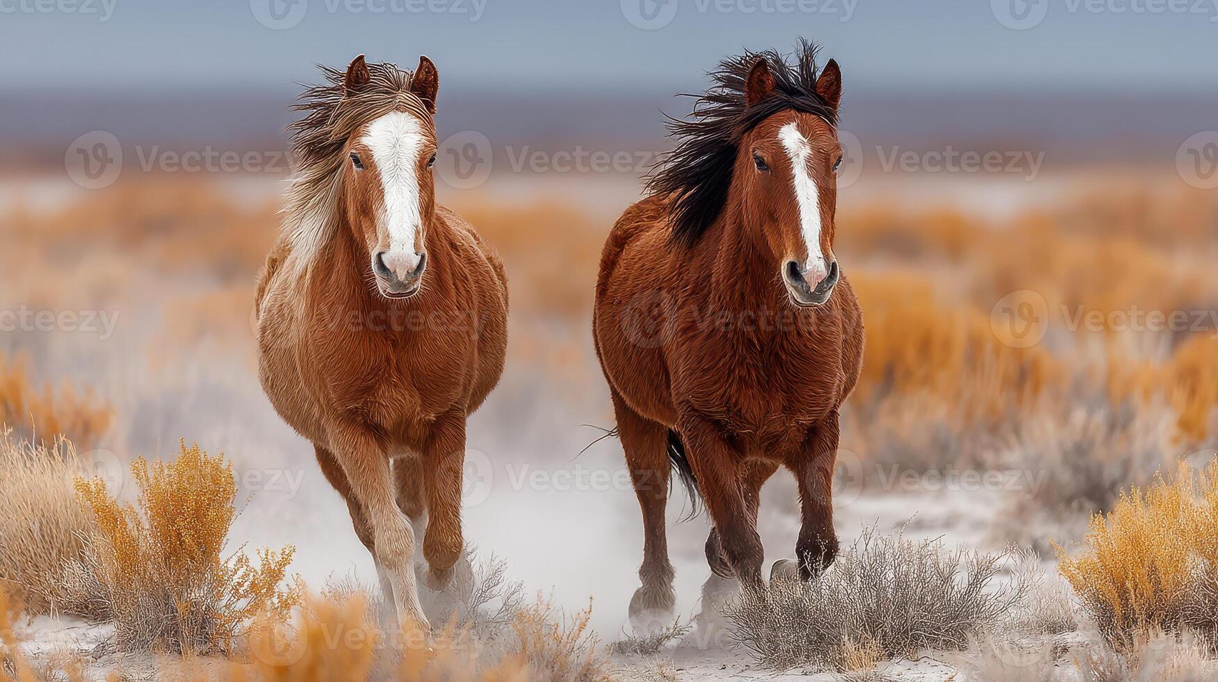 Wild horses run freely across a desert landscape under a cloudy sky during late afternoon photo