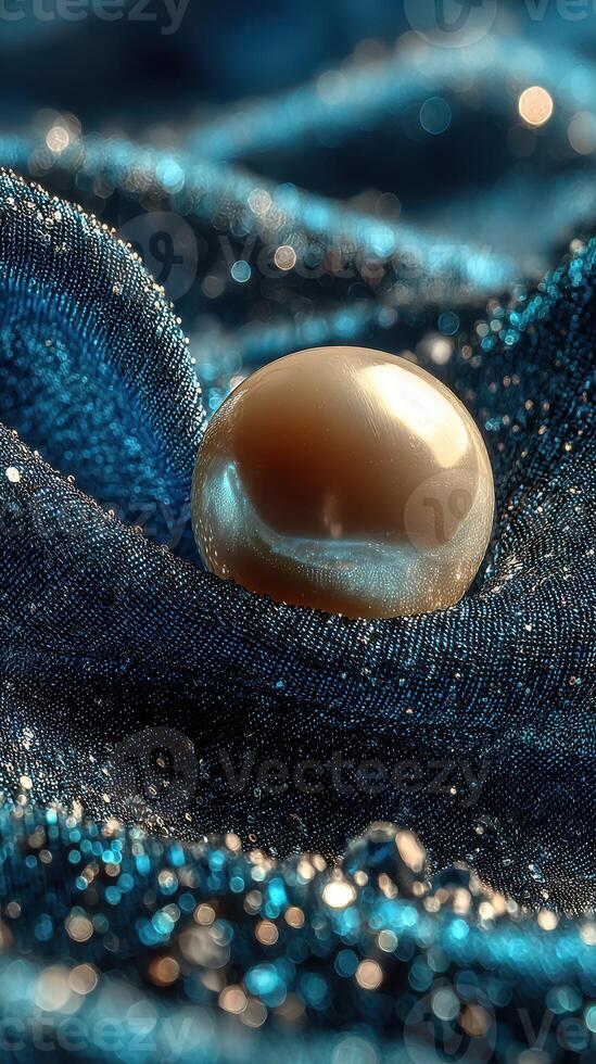 Elegantly resting pearl on shimmering blue fabric creates a luxurious visual experience photo