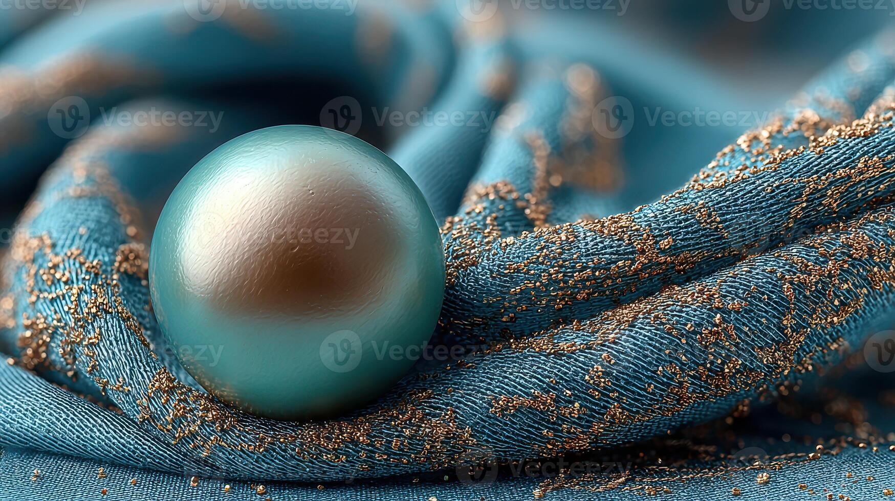 Elegant teal fabric with a decorative pearl and gold accents under soft lighting photo