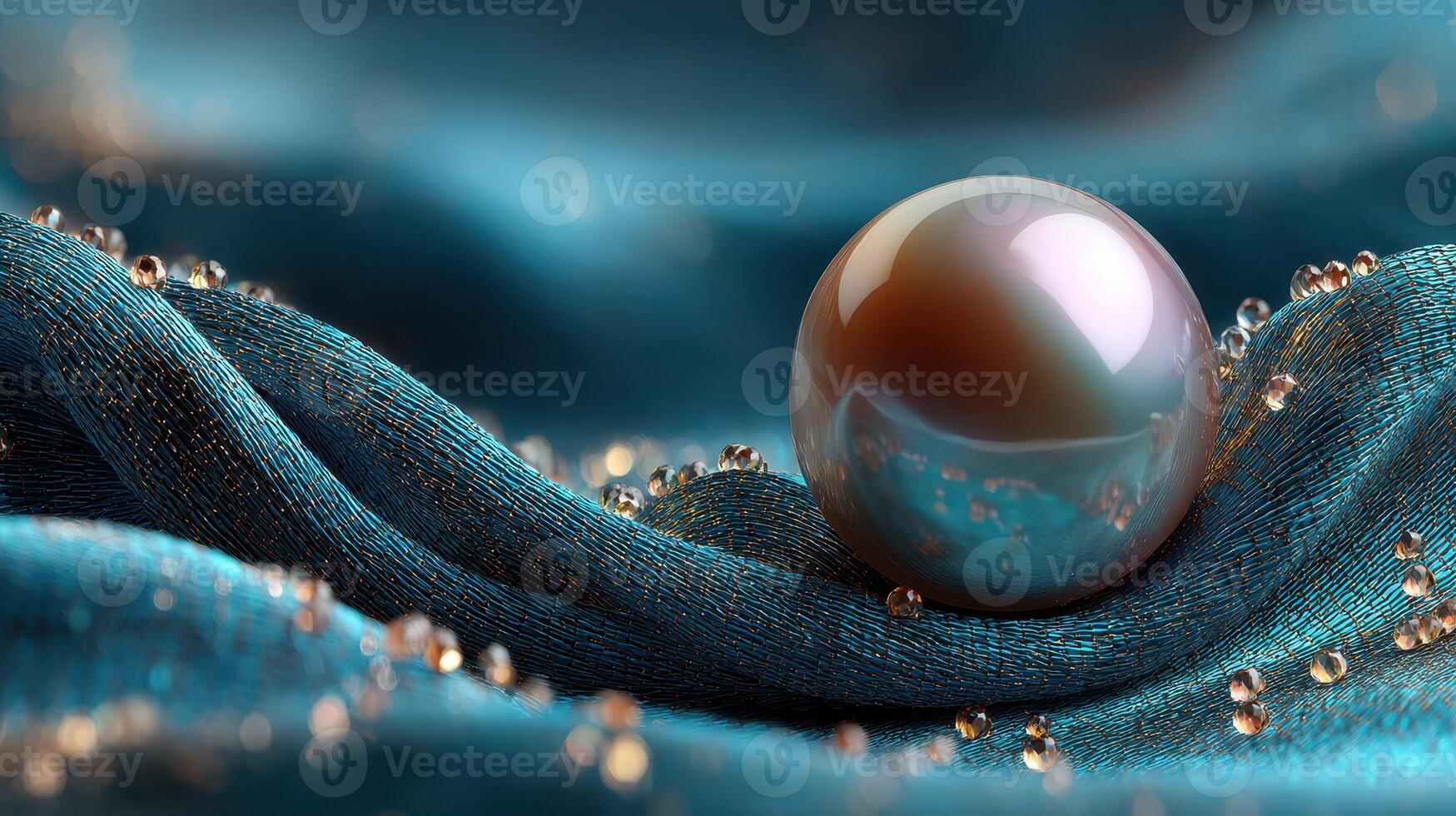 Luxurious pearl resting on vibrant blue fabric with water droplets captured in soft lighting photo