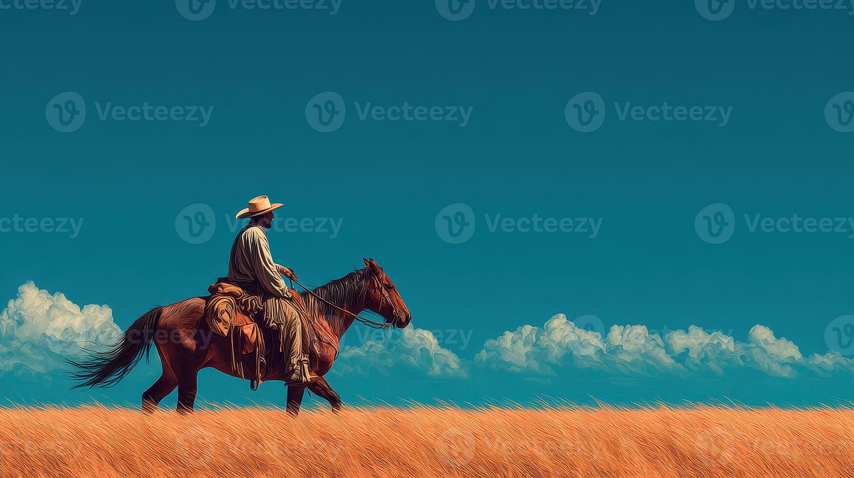 Cowboy riding a horse through tall grass under a bright blue sky in a rural landscape photo