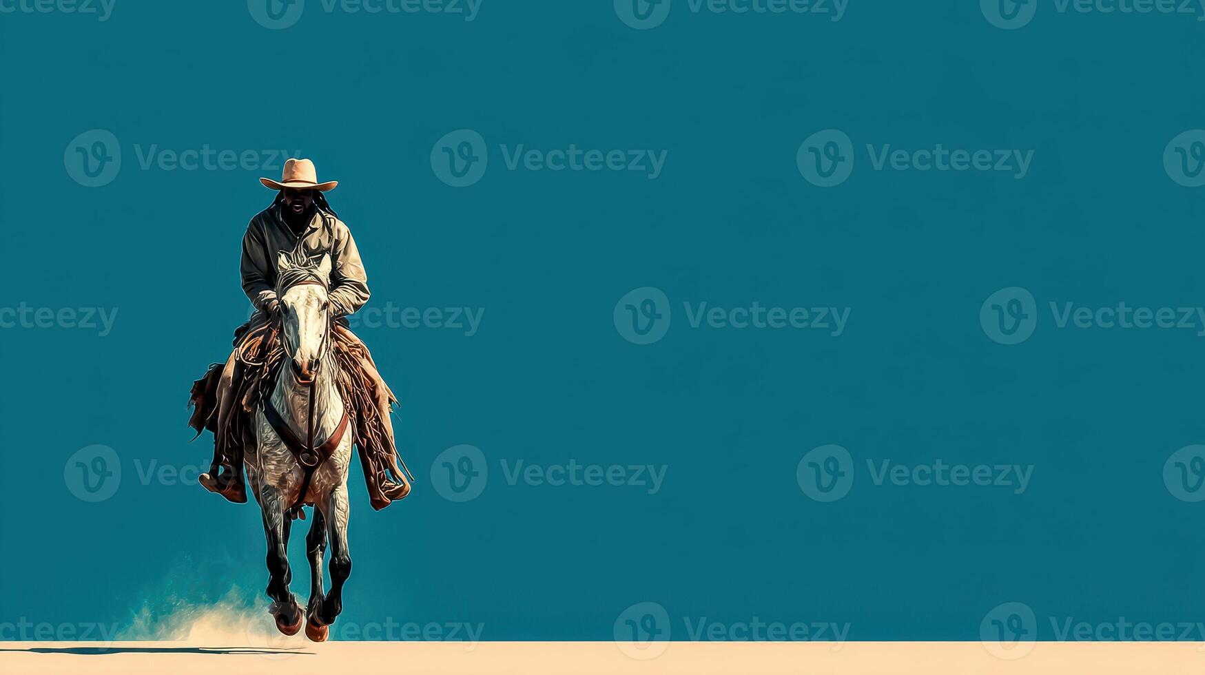 Cowboy on horseback rides through dusty terrain under clear blue sky during golden hour photo