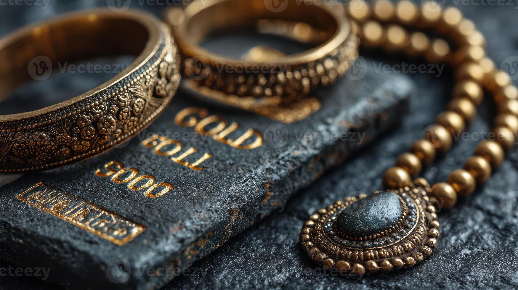 Antique gold jewelry displayed on a textured surface with a focus on craftsmanship and detailing photo