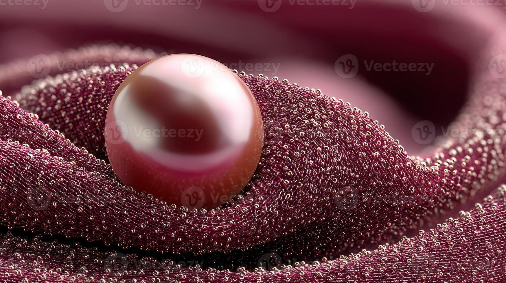 Elegant pink pearl resting on rich textured fabric with delicate droplets in soft lighting photo
