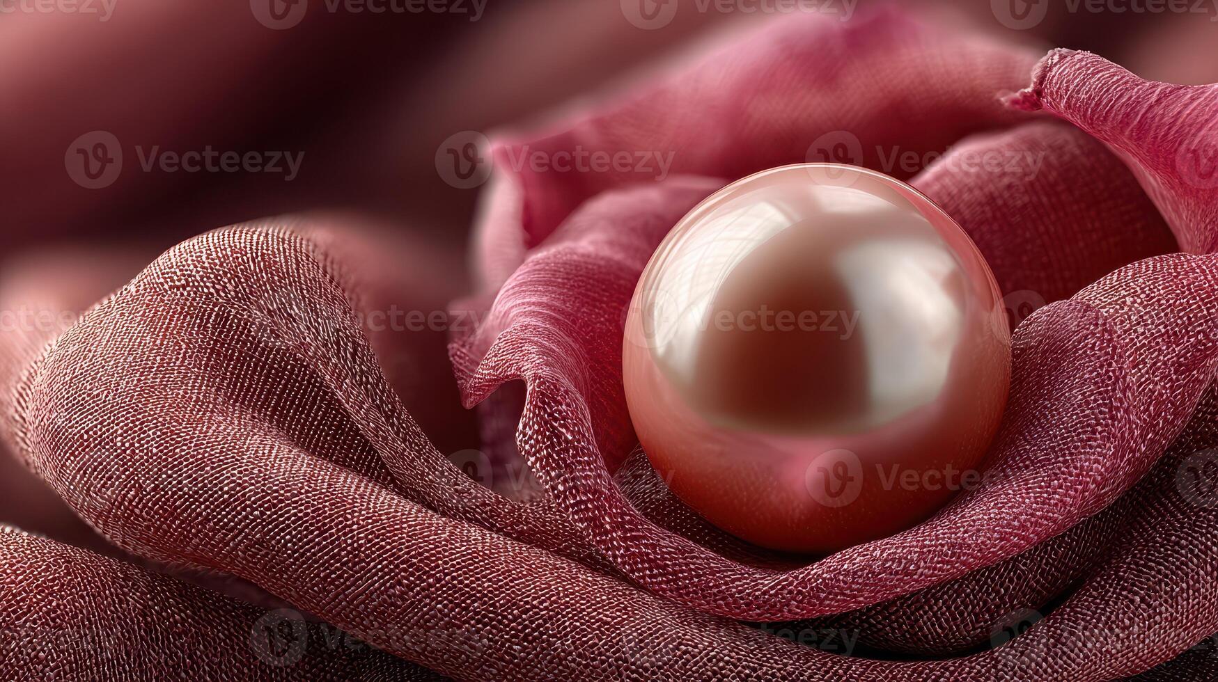 Delicate pearl resting on soft burgundy fabric with subtle texture and elegant draping photo