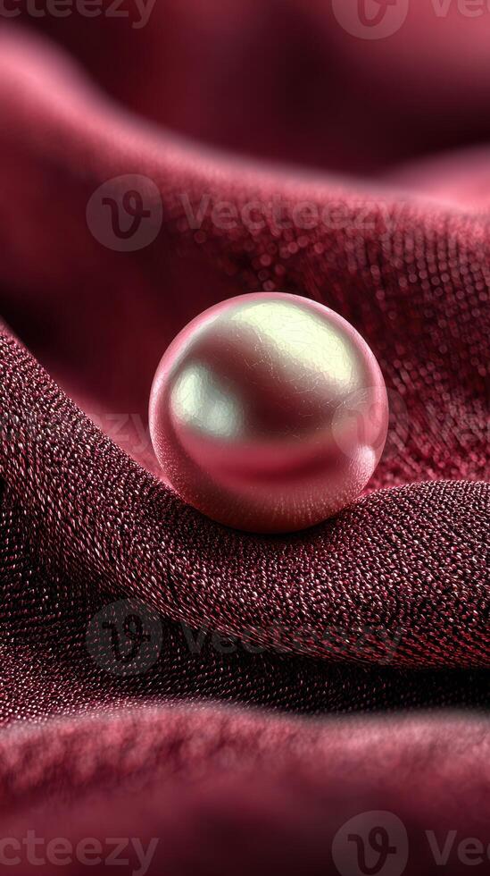 Elegant pink pearl resting on luxurious burgundy fabric at a serene setting photo
