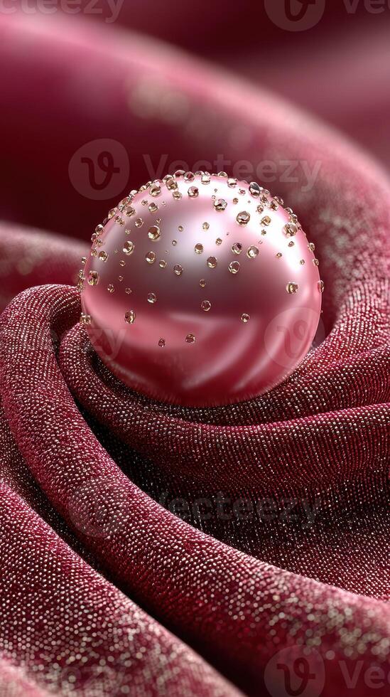 Textured fabric with a droplet-covered sphere resting on deep red material during a calm indoor setting photo