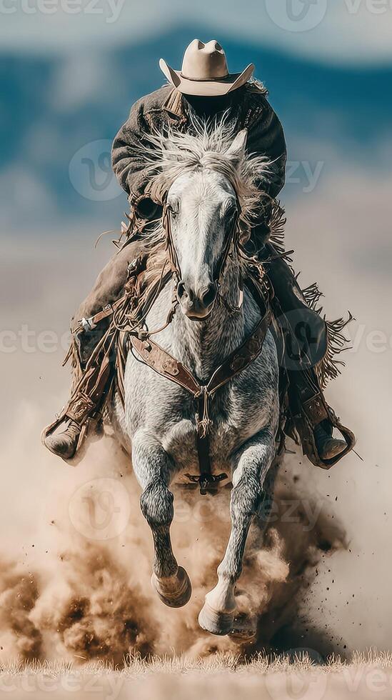 Cowboy riding a spirited gray horse across a dusty field under a vast blue sky photo