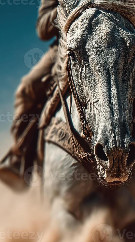 Majestic white horse gallops through desert dust while rider showcases equestrian skills photo