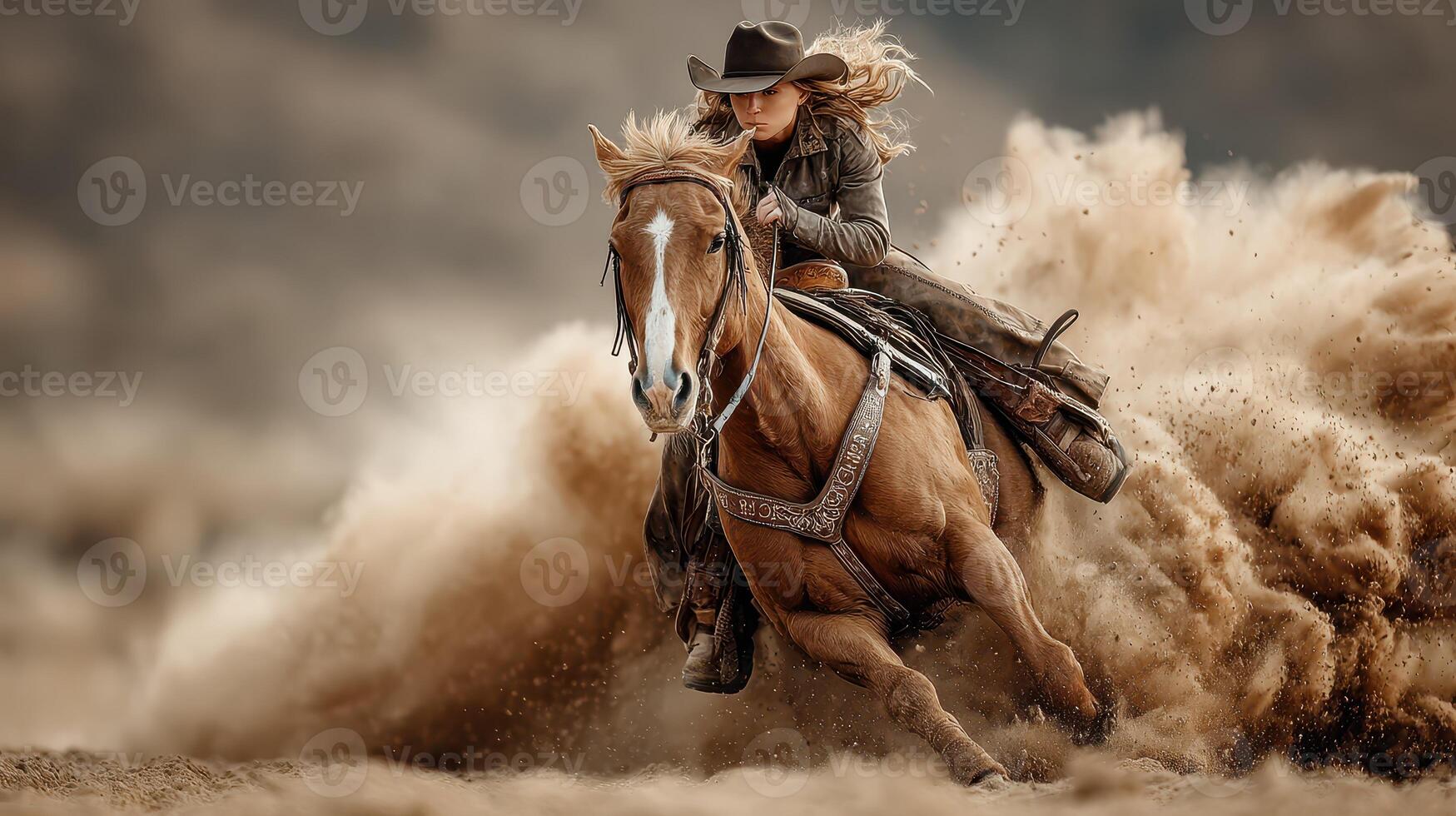 Cowgirl riding a horse through dusty terrain during a sunny day in an outdoor setting photo