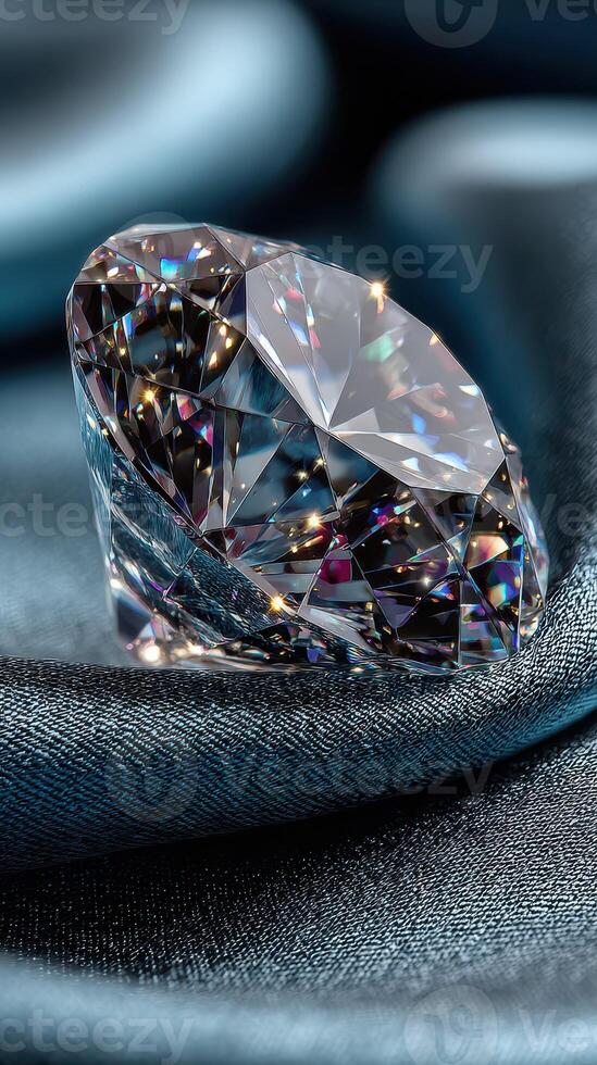 Stunning diamond glistens on luxurious fabric, showcasing its brilliance and intricate facets under soft light photo