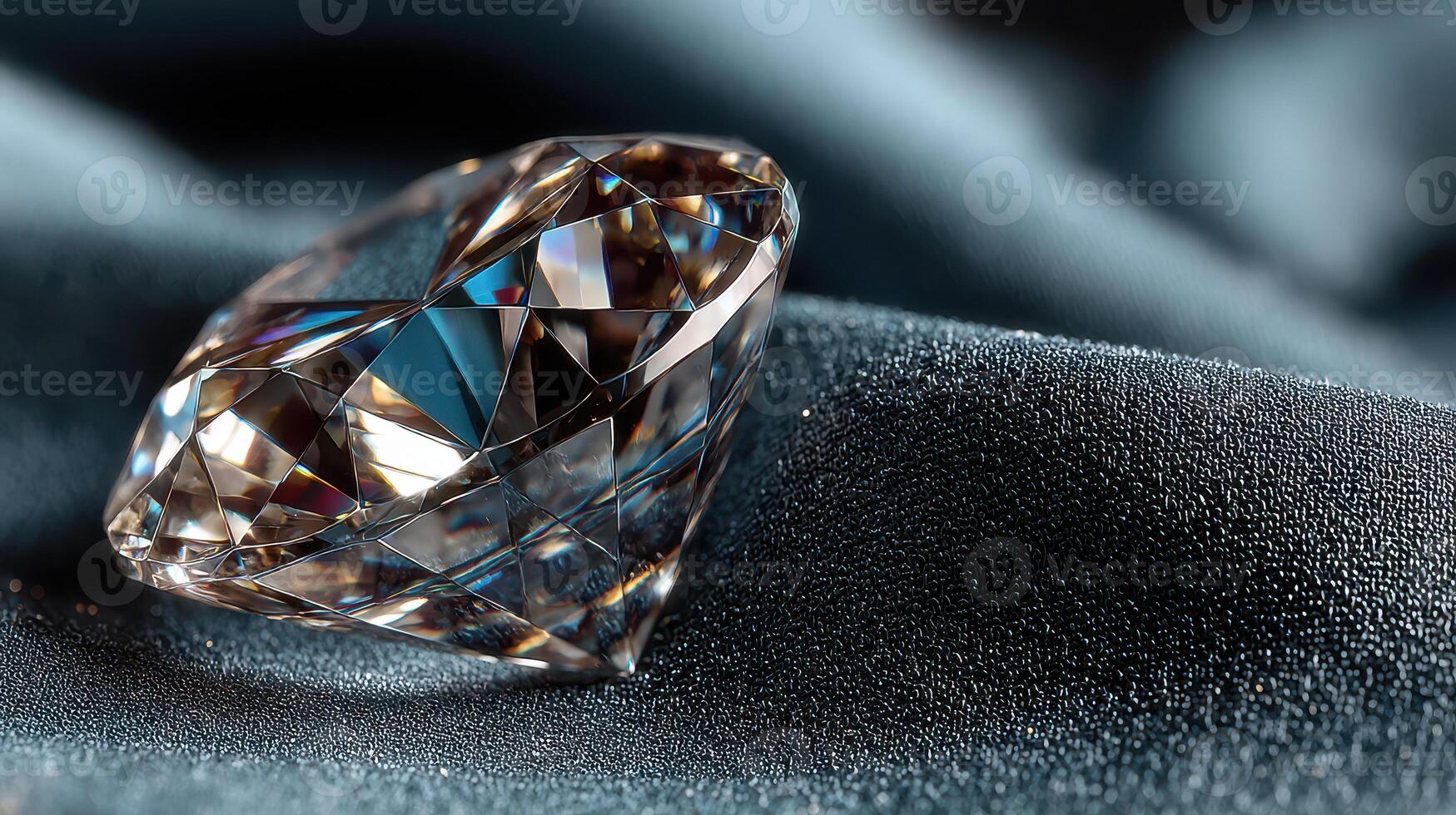 Beautiful diamond resting on luxurious dark fabric highlighting its brilliant facets and elegance in soft lighting photo