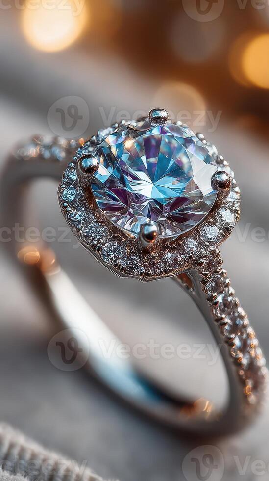 Elegant diamond engagement ring adorned with smaller diamonds on a delicate band in soft lighting photo