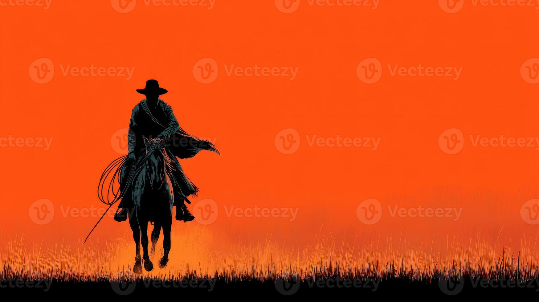 Silhouette of a cowboy riding a horse against a vibrant orange sunset sky in an open field photo