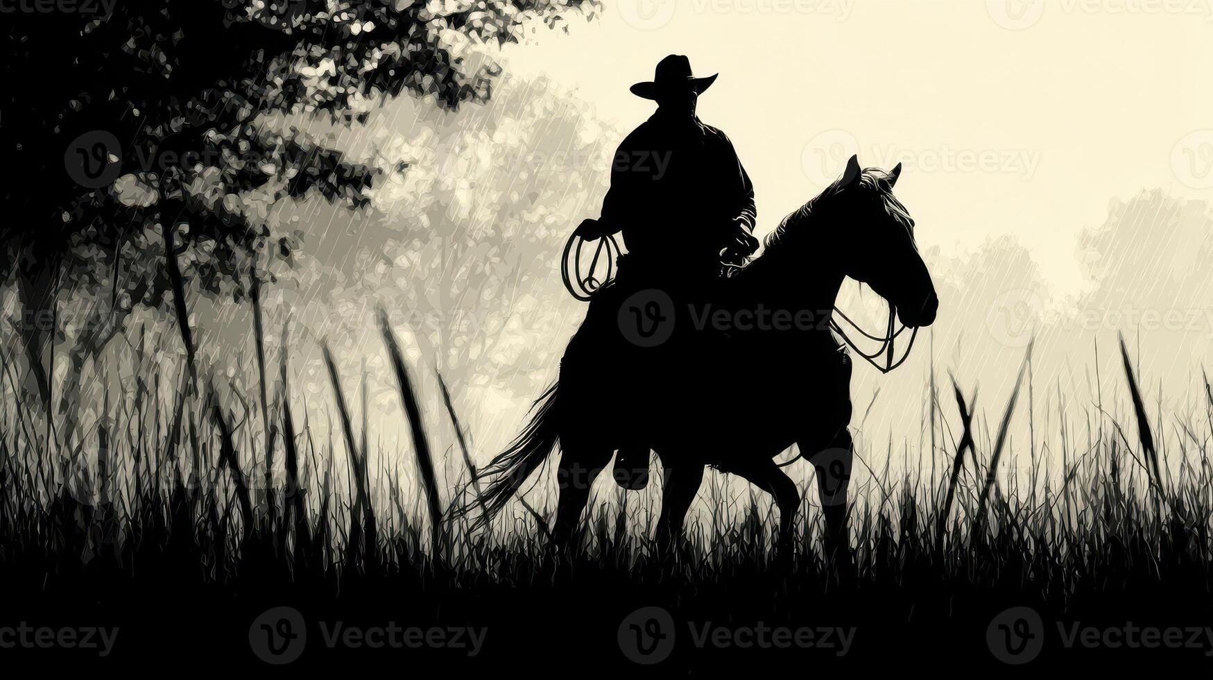 Silhouetted cowboy riding horse at sunset in open grassland with trees in background photo
