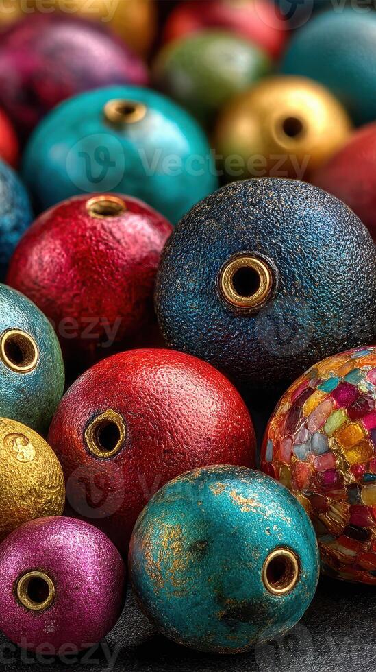 Colorful decorative beads arranged on a dark surface showcasing various textures and patterns in bright hues photo