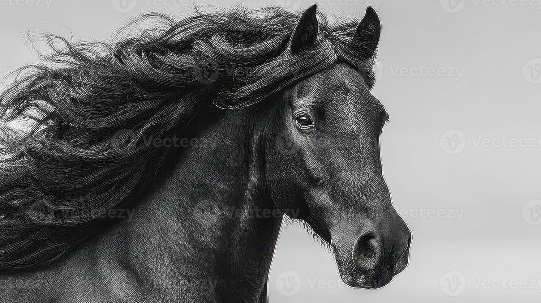 Majestic black horse with flowing mane captured in serene landscape during golden hour light photo