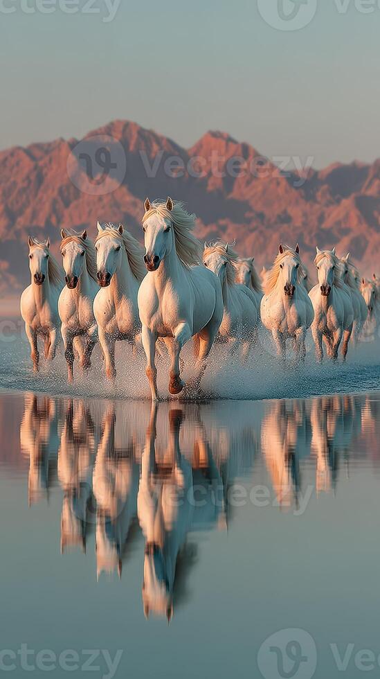 Herd of white horses gallops across a shimmering water surface at sunrise with mountain backdrop photo