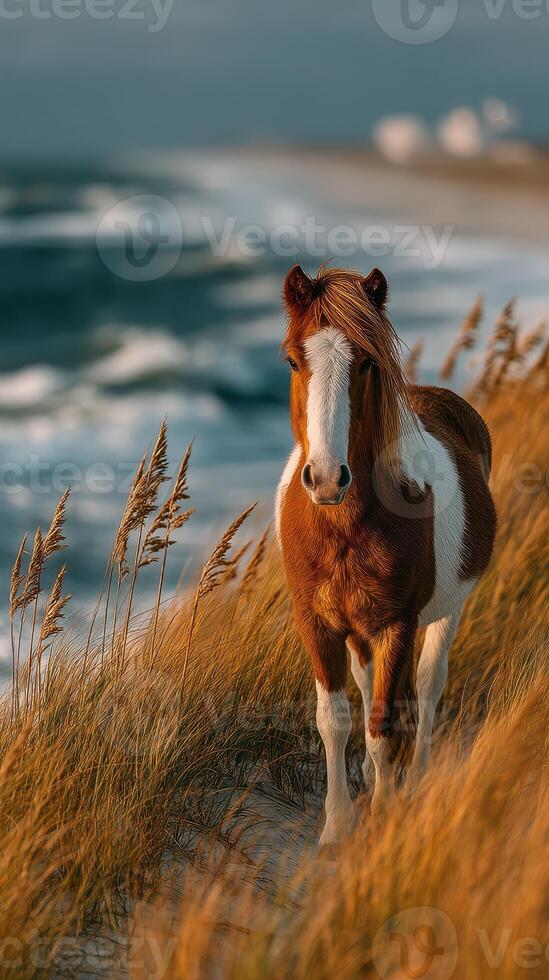 Majestic horse standing on the edge of a sandy dune overlooking the ocean during sunset photo