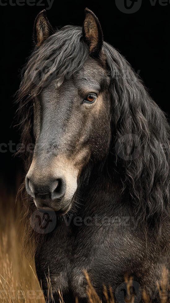 Majestic dark horse with long mane gazing thoughtfully in a golden field at dusk photo