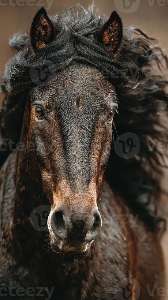 Majestic black horse with flowing mane captured in natural light during golden hour photo