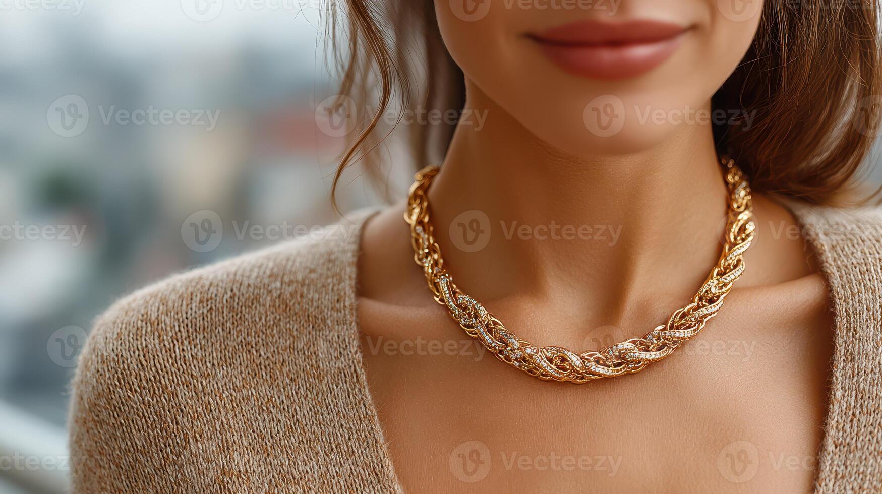 Elegant woman showcasing a luxurious gold necklace against a city background during daytime photo
