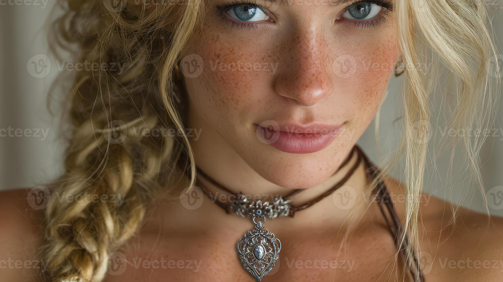 Close-up portrait of a woman with braided hair and silver jewelry, showcasing natural beauty and charm indoors photo