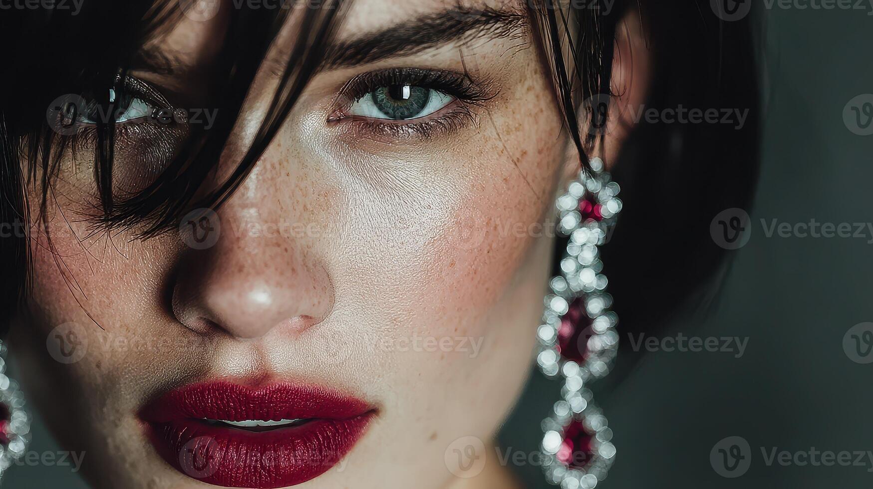 Close-up view of a woman with bold makeup and elegant earrings in a dramatic lighting setting photo