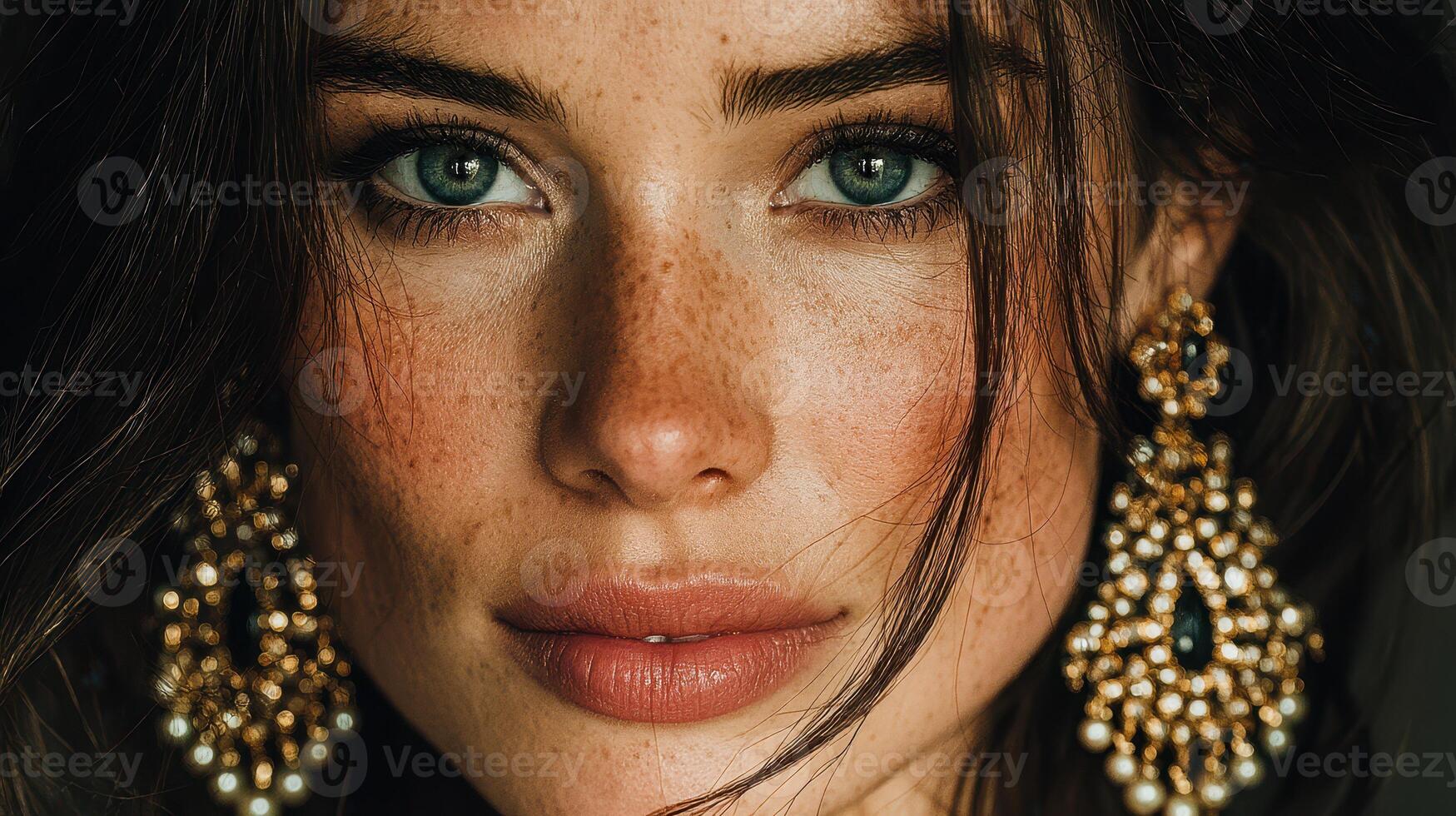 Close-up of a woman with striking blue eyes and elegant earrings, showcasing beauty and confidence at dusk photo