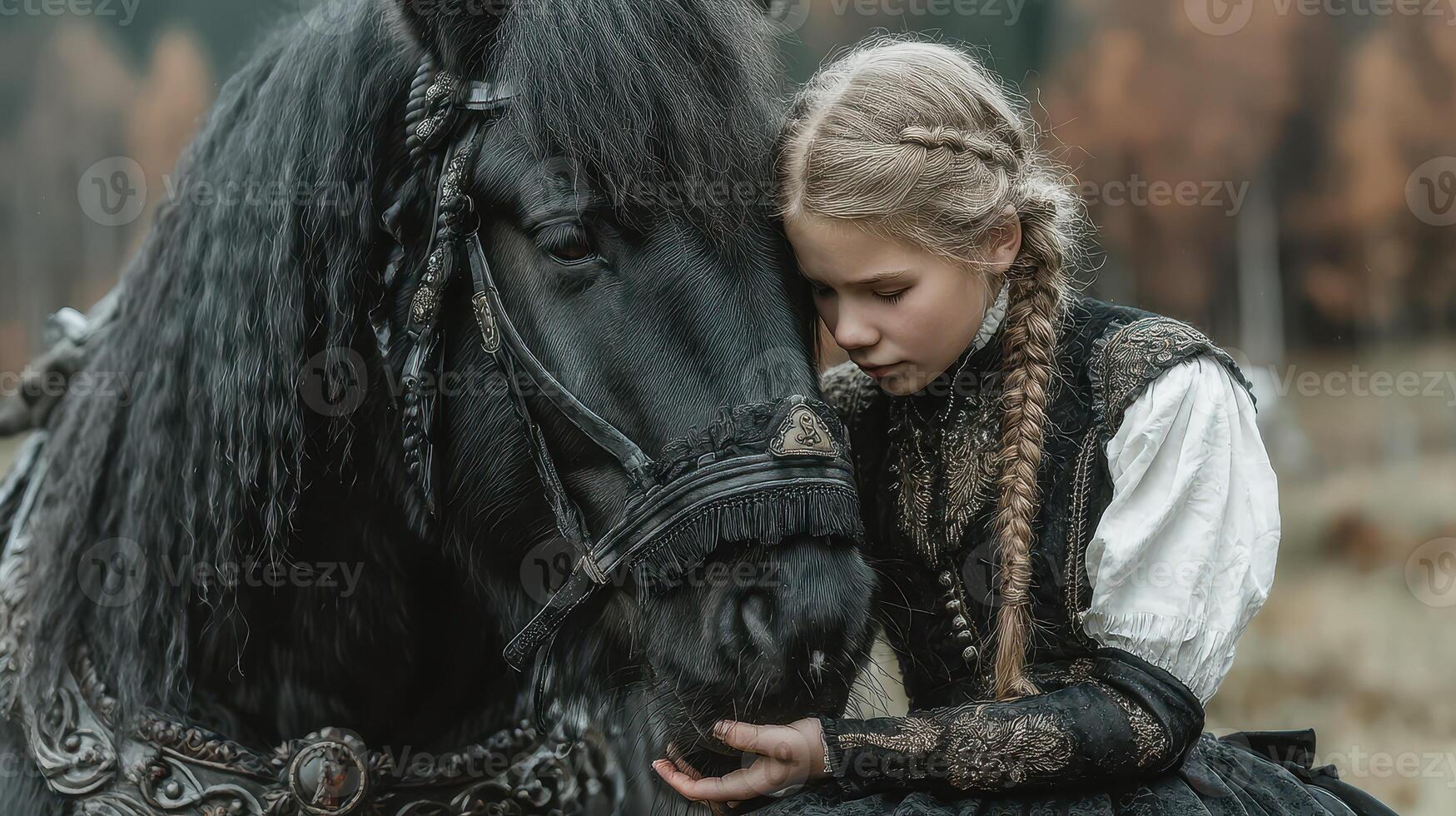 Young girl reflects with black horse in autumn landscape wearing historical attire photo