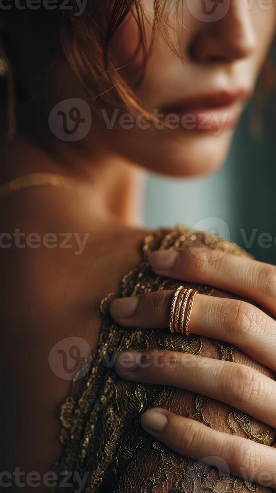 Elegant close-up of a woman showcasing delicate jewelry against a soft background during a tranquil afternoon photo