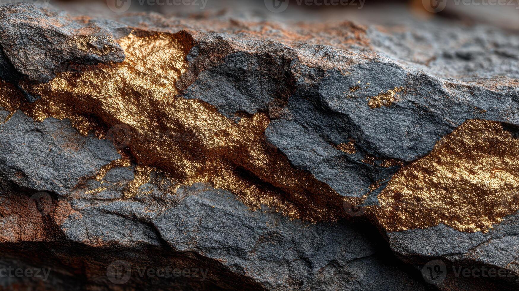 Unique rock formation displaying striking gold veins amidst dark gray stone in a natural setting photo
