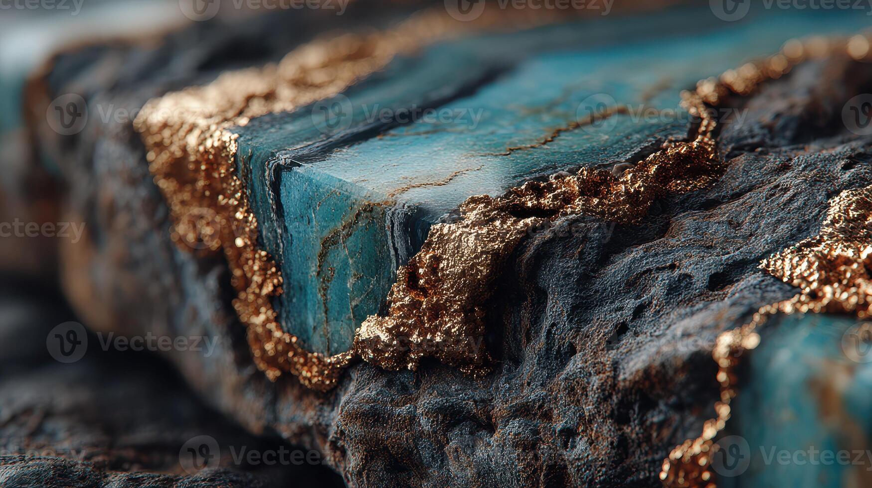 Stunning close-up of a mineral specimen featuring vibrant turquoise and shimmering gold accents in natural rock formation photo