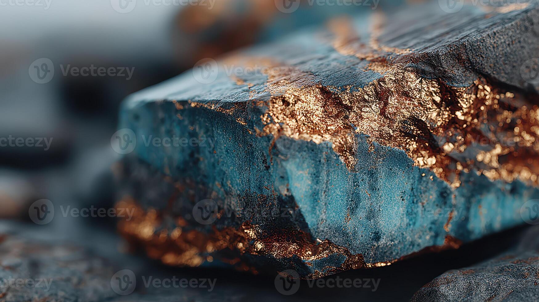 Unique blue and gold mineral on a rocky surface illuminated by soft light in a natural setting photo