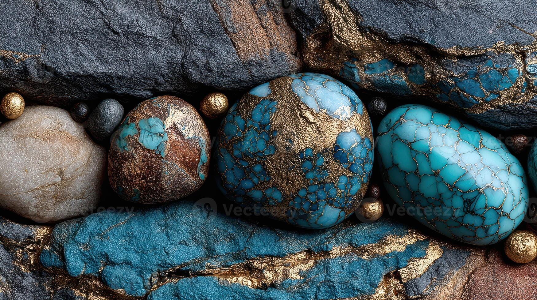Natural stones with turquoise hues and gold accents arranged on textured rock surface in natural light photo