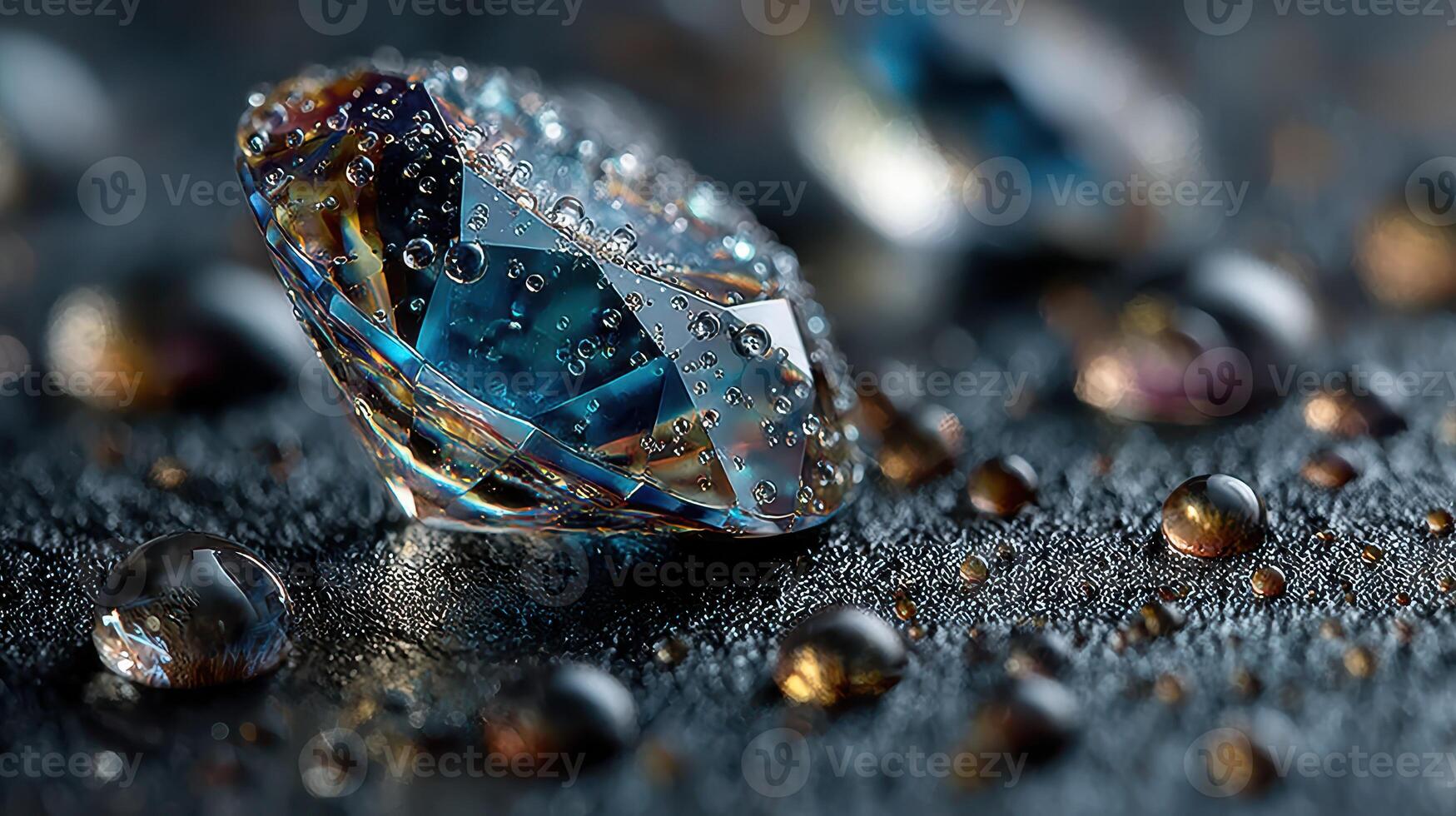 Close-up view of sparkling gems surrounded by water droplets on a textured surface at dusk creating a glittering effect photo