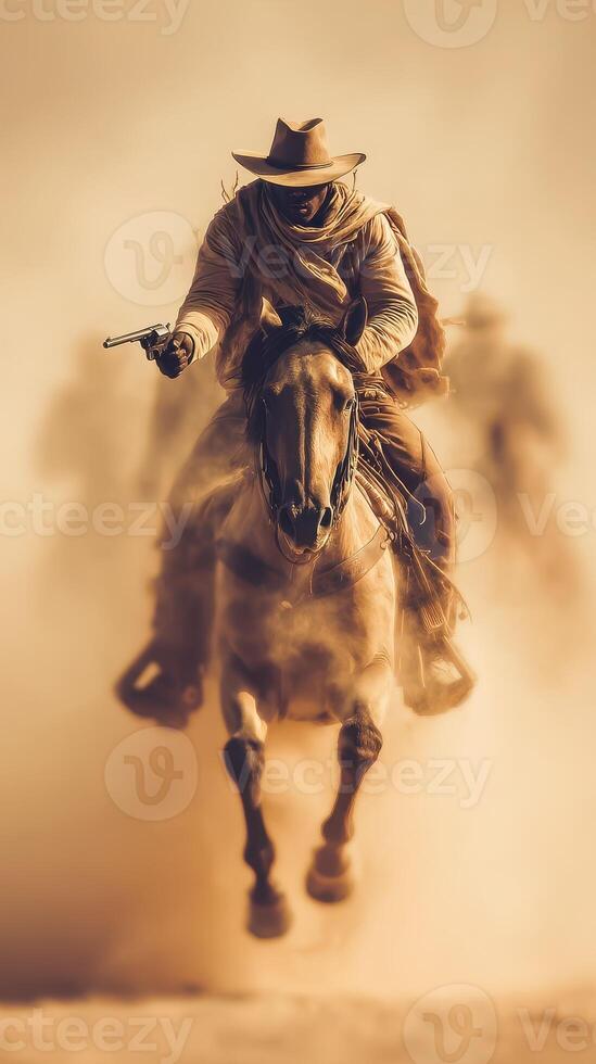 Dramatic horseback chase through dust with gunman in Western landscape during golden hour photo