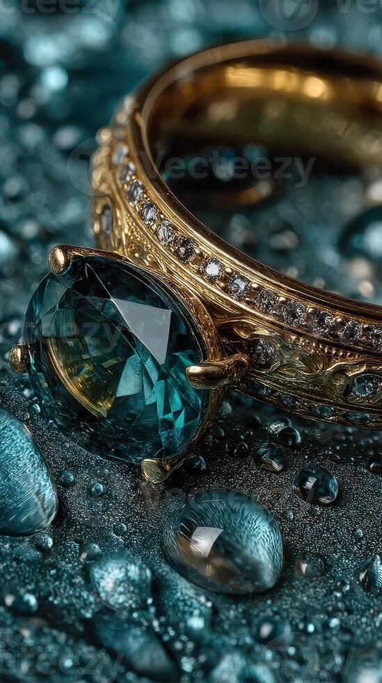 Stunning gold ring with blue gemstone surrounded by droplets on a textured surface photo