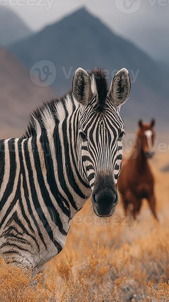 Zebra in focus with a horse in the background grazing in a rocky mountainous landscape during the golden hour photo