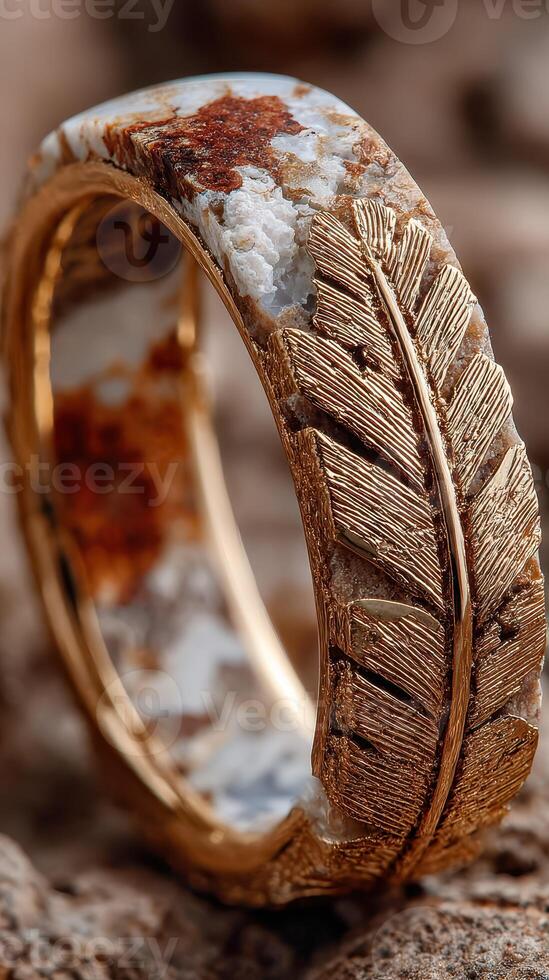 Intricately designed ring featuring natural stone and metallic elements displayed on textured background photo