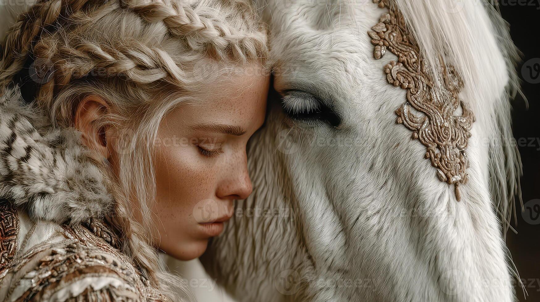Emotionally charged moment between a woman and her beautiful white horse in a serene setting during early morning light photo