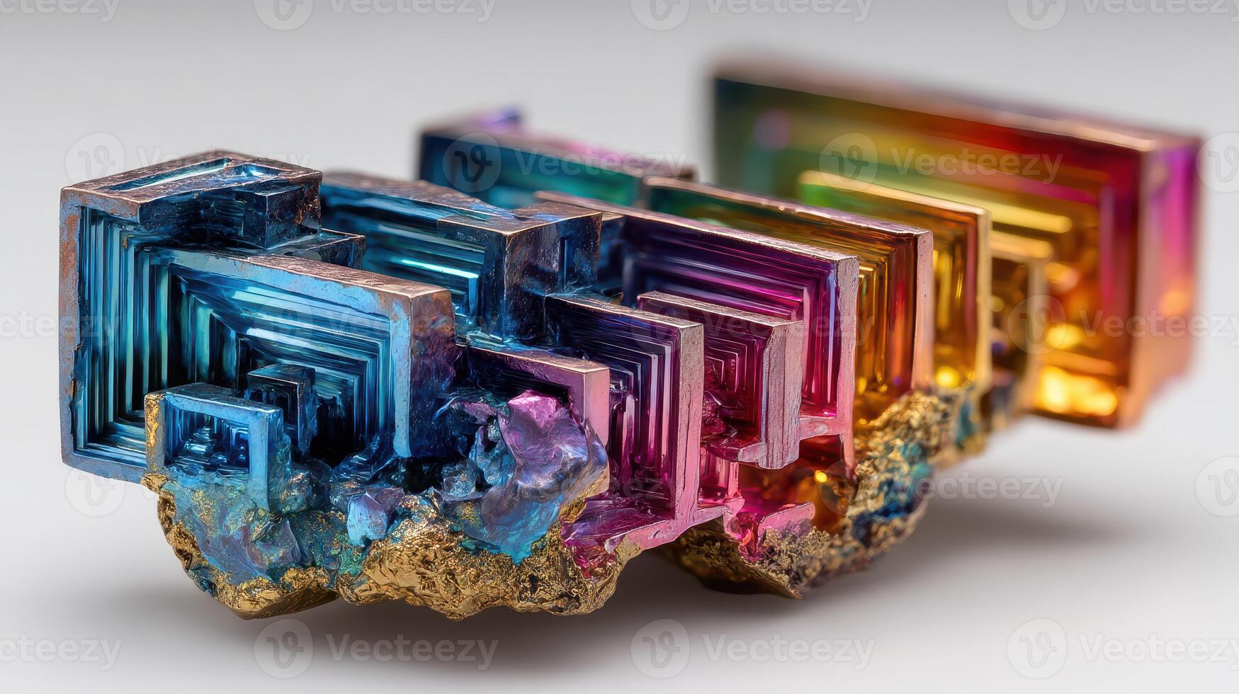Vibrant bismuth crystal formation showcasing rainbow colors and geometric patterns in a natural setting photo